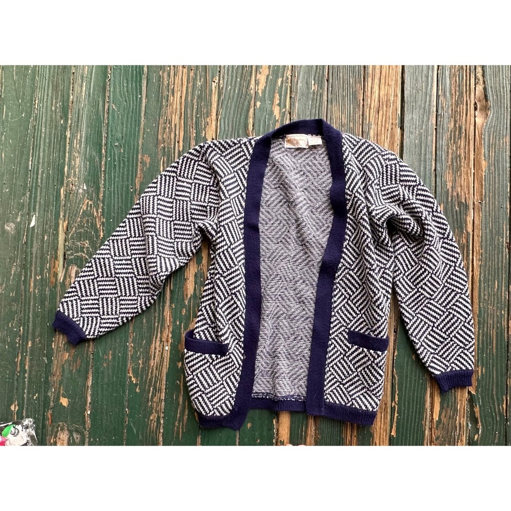 Vintage Knitmakers Navy Blue White Geometric Basketweave Cardigan Sweater Pocket